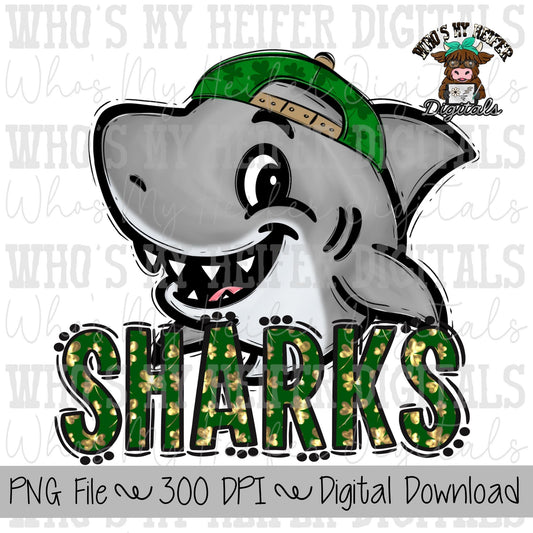 St Patrick's Day Sharks PNG Hand Drawn Shark with Hat Sublimation PNG Game Day Shirt Design School Spirit Clover Shark Kid Mascot Doodle
