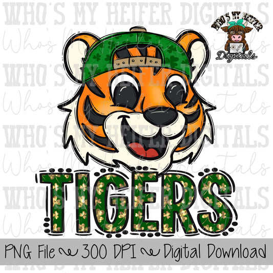 St Patrick's Day Tiger PNG Hand Drawn Tiger with Hat Sublimation PNG Game Day Shirt Designs School Spirit PNG Clover Tiger Digital Download