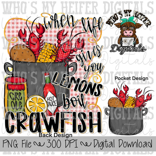 When Life Gives You Lemons PNG Hand Drawn Crawfish Boil Sublimation PNG Womens and Kids Shirt Design Whimsical Cajun Doodle Art