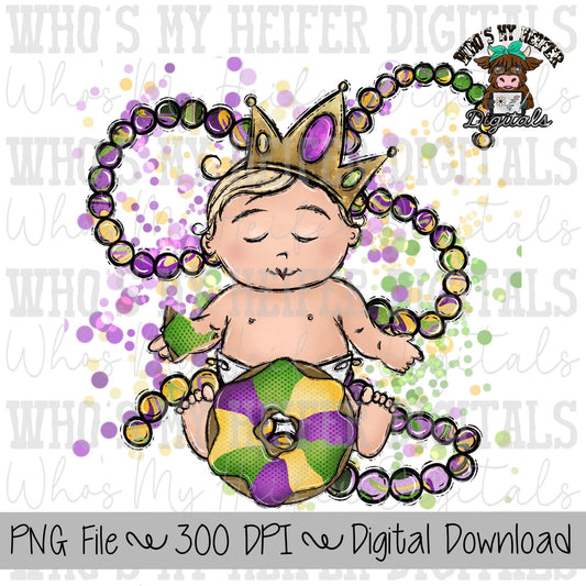 Mardi Gras King PNG Hand Drawn Little Boy with King Cake & Crown Sublimation PNG Womens and Kids Shirt Design Whimsical Kid Doodle Art