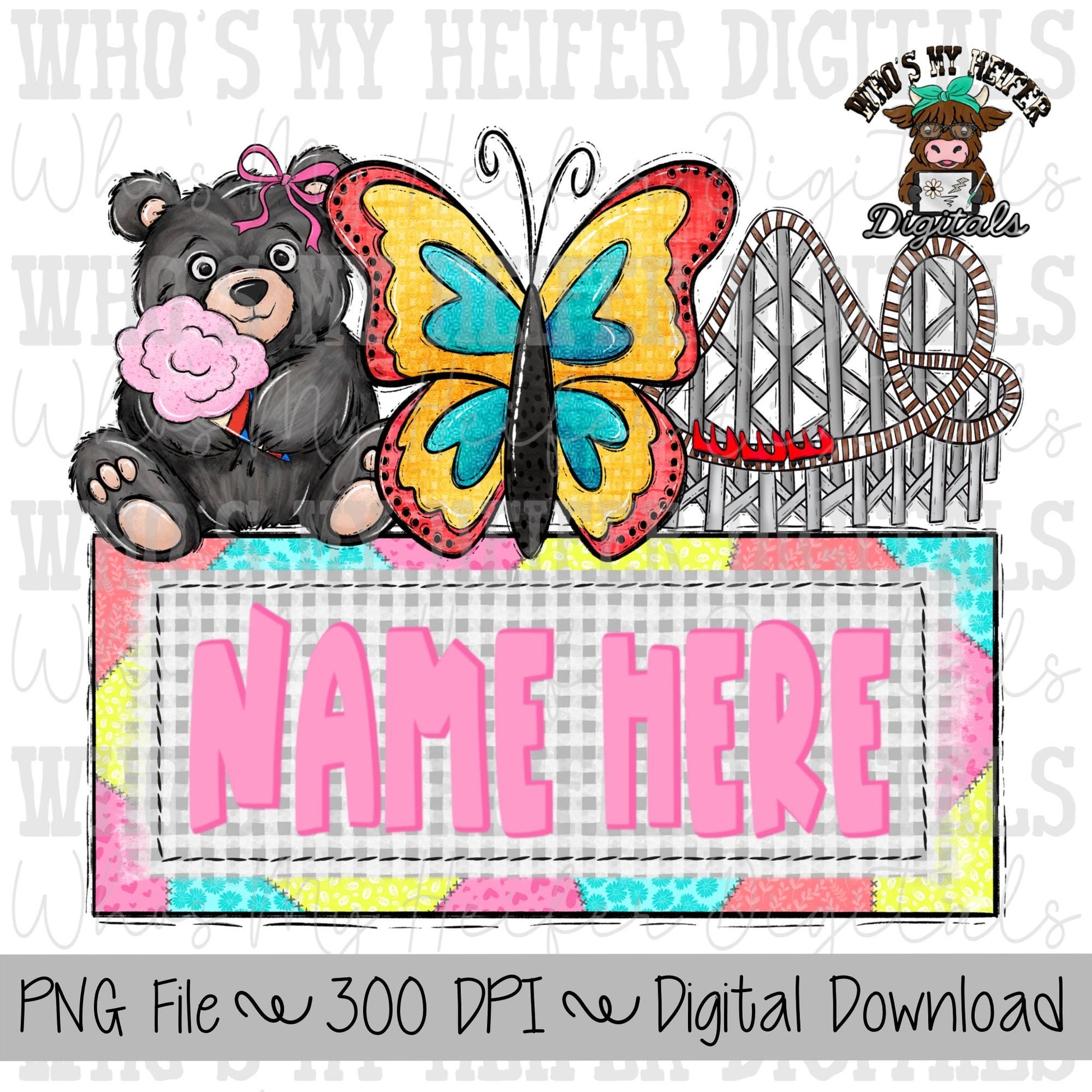 Whimsical Smoky Mountains with Name Plate PNG File Hand Drawn Butterfly, Bear, & Roller Coaster Clipart Pigeon Forge Vacation Sublimation