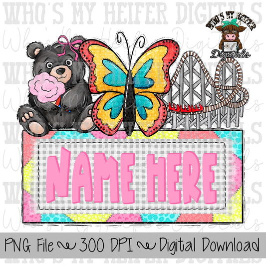 Whimsical Smoky Mountains with Name Plate PNG File Hand Drawn Butterfly, Bear, & Roller Coaster Clipart Pigeon Forge Vacation Sublimation