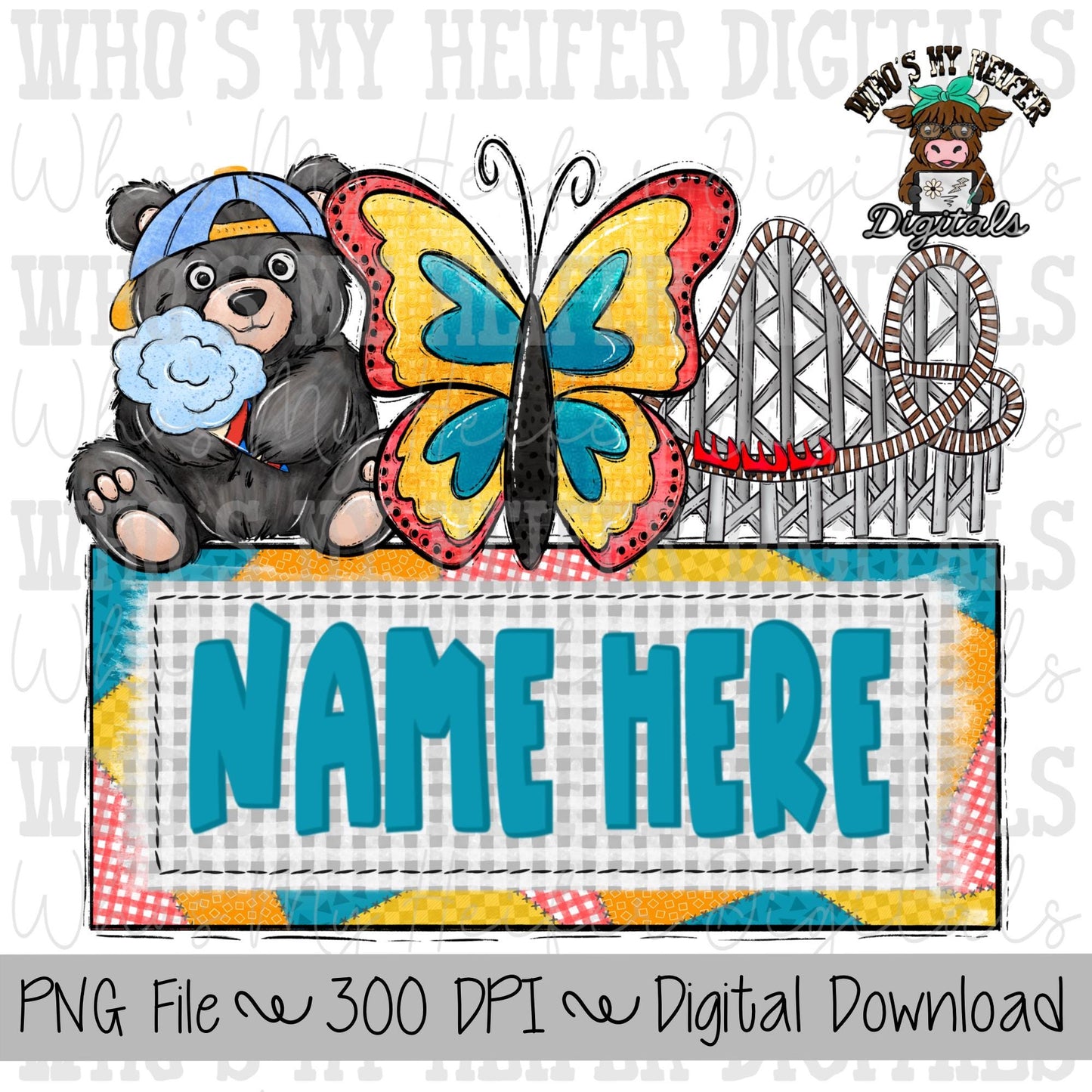 Whimsical Smoky Mountains with Name Plate PNG File Hand Drawn Butterfly, Bear, & Roller Coaster Clipart Pigeon Forge Vacation Sublimation