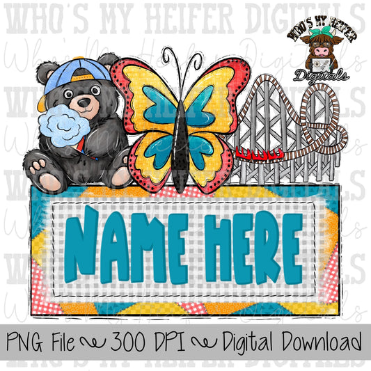 Whimsical Smoky Mountains with Name Plate PNG File Hand Drawn Butterfly, Bear, & Roller Coaster Clipart Pigeon Forge Vacation Sublimation