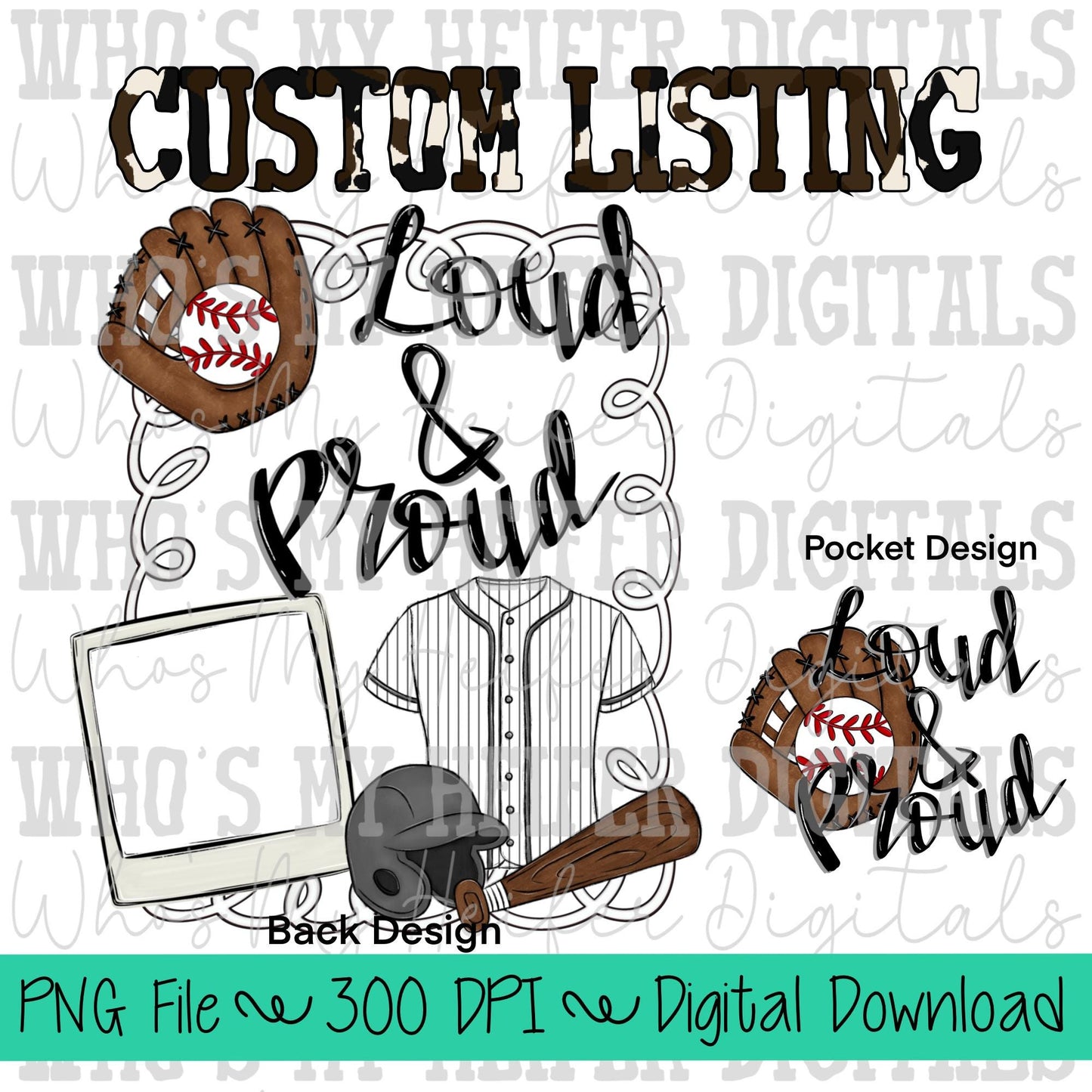 Custom Baseball PNG Hand Drawn Loud & Proud T-Ball Sublimation Design Sports Mama Photo PNG File Add Photo Canva Design Girly Swirly Digital