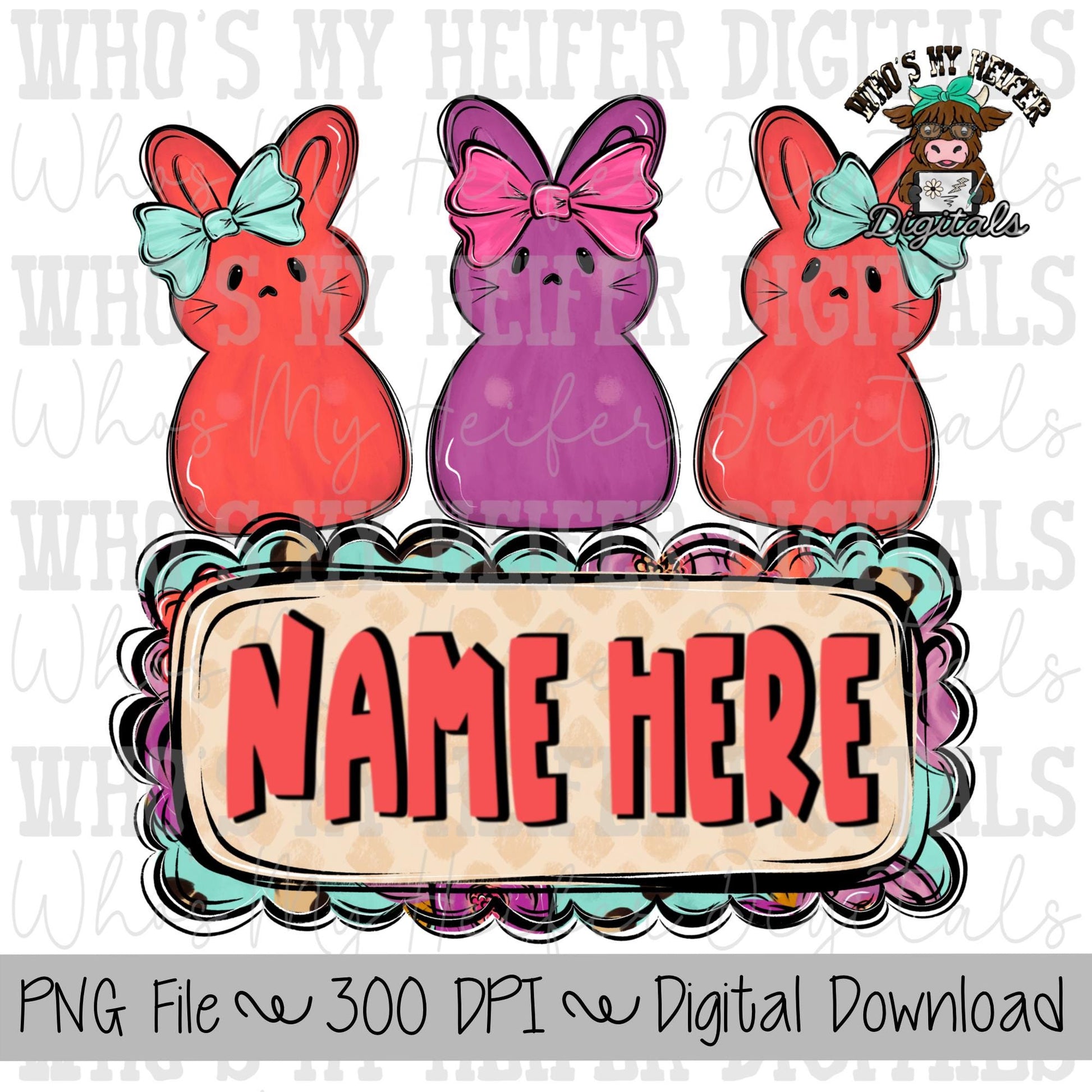 Bunny Candy Trio with Name Block Sublimation PNG Hand Drawn Bunnies with Bows PNG Kids Shirt Design Preppy Easter Doodle Art Digital File
