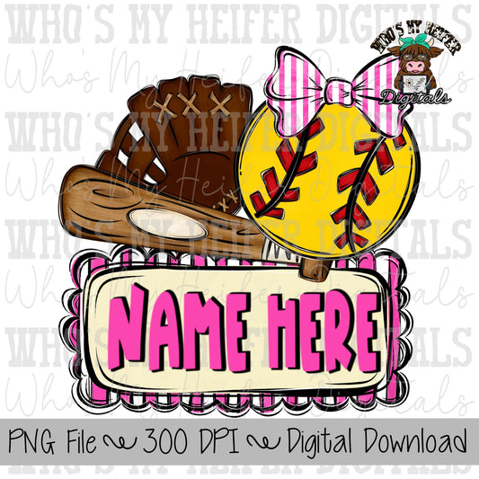 Girl Softball Trio with Name Block Sublimation PNG Hand Drawn Softball with Bow, Bat, & Glove PNG Kids Shirt Design Softball Sis Doodle Art