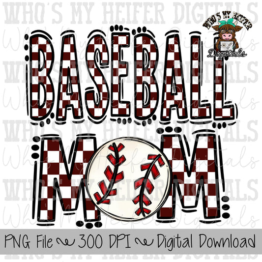 Maroon and White Baseball Mom PNG Hand Drawn Baseball Mom Sublimation Design Game Day Shirt Design Checkered T- Ball Mama Digital Download