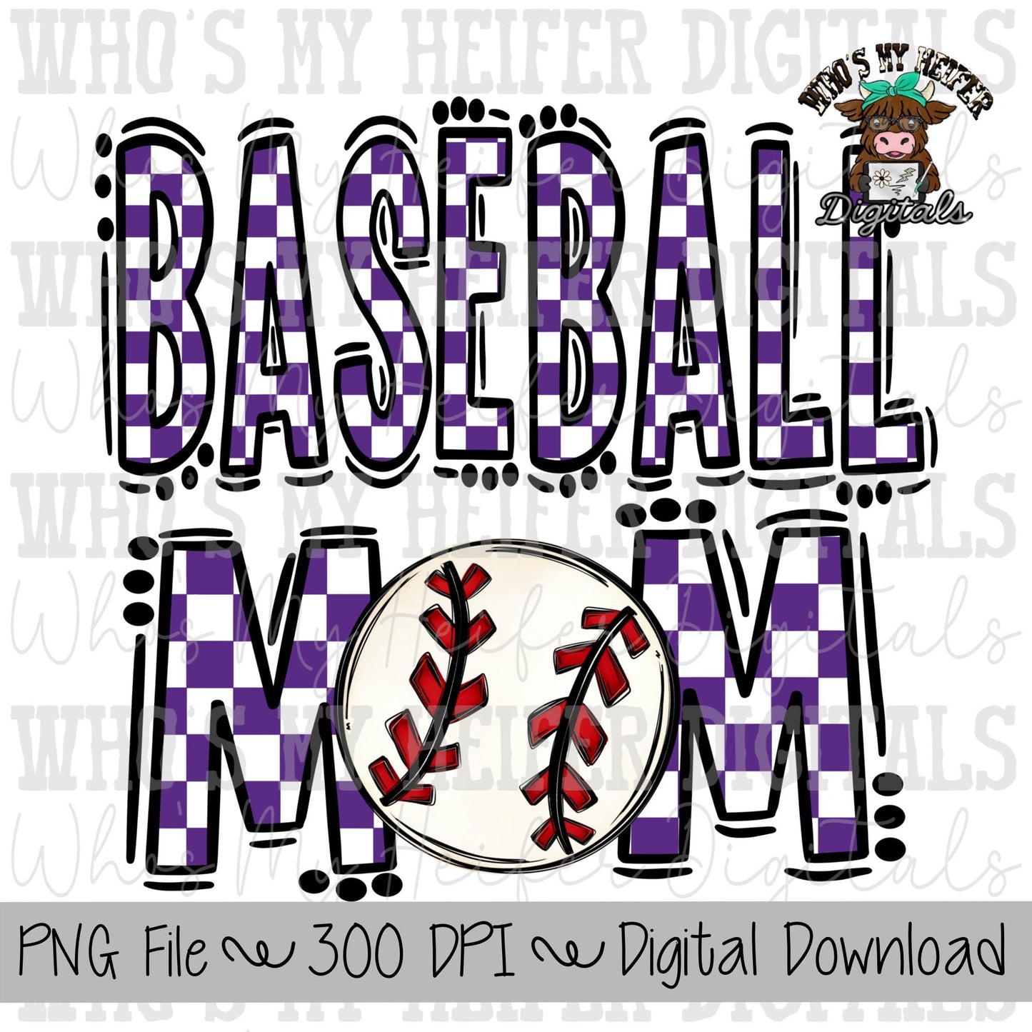 Purple and White Baseball Mom PNG Hand Drawn Baseball Mom Sublimation Design Game Day Shirt Design Checkered T- Ball Mama Digital Download
