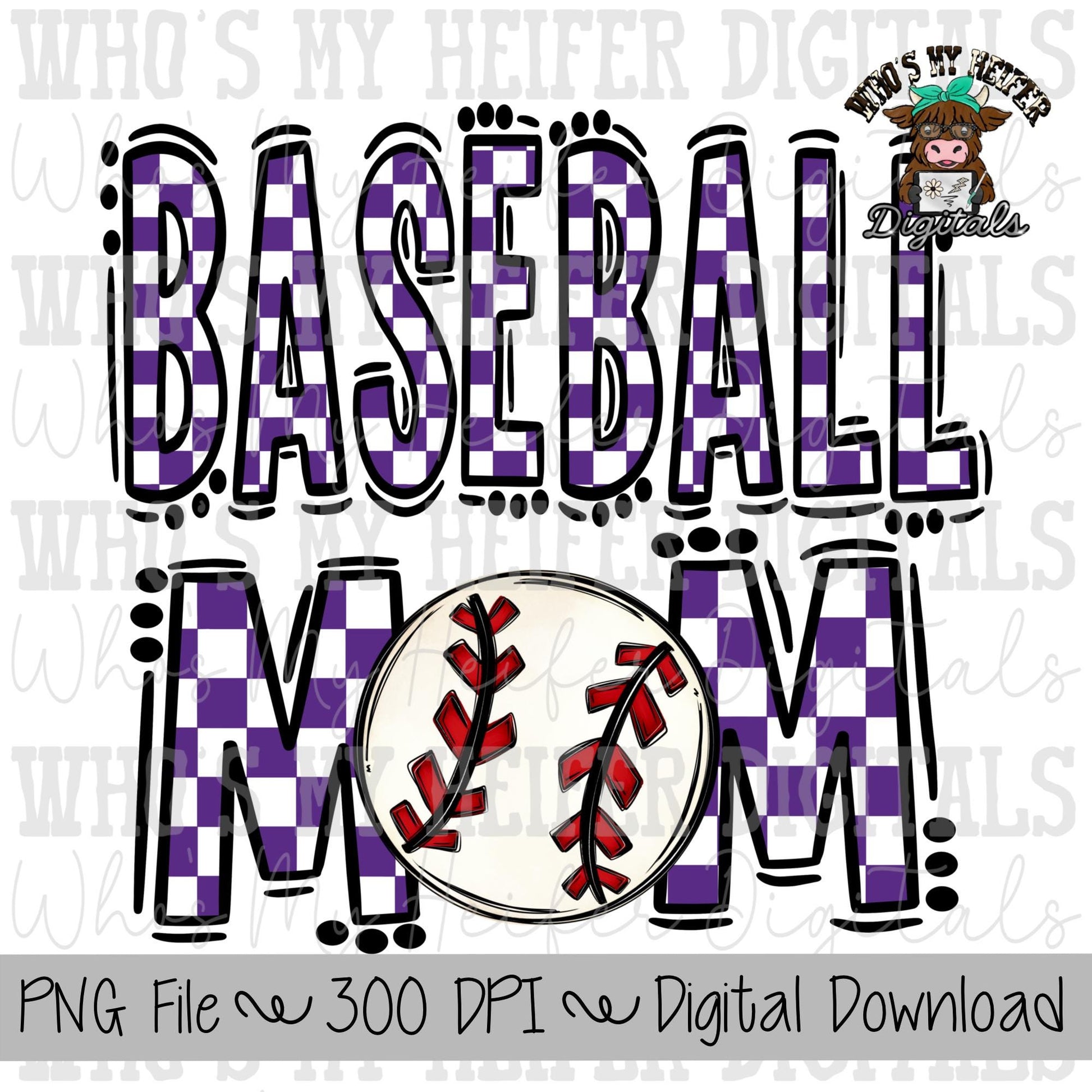 Purple and White Baseball Mom PNG Hand Drawn Baseball Mom Sublimation Design Game Day Shirt Design Checkered T- Ball Mama Digital Download