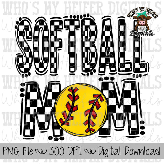 Black and White Softball Mom PNG Hand Drawn Softball Mom Sublimation Design Game Day Shirt Design Checkered T- Ball Mama Digital Download