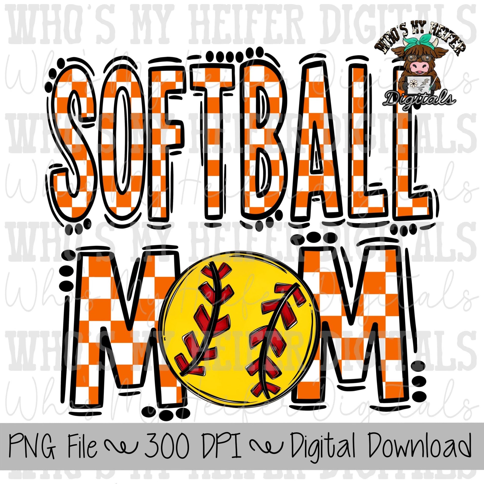 Orange and White Softball Mom PNG Hand Drawn Softball Mom Sublimation Design Game Day Shirt Design Checkered T- Ball Mama Digital Download
