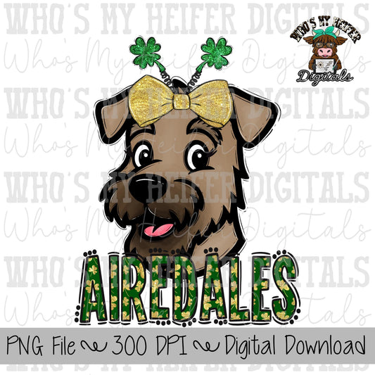 St. Patrick's Day Airedales PNG Hand Drawn Airedale with Bow Sublimation PNG Game Day Shirt Designs School Spirit PNG Airedale Kid Mascot