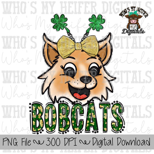 St. Patrick's Day Bobcats PNG Hand Drawn Bobcats with Bow Sublimation PNG Game Day Shirt Design School Spirit PNG Clover Bobcat Doodle Art