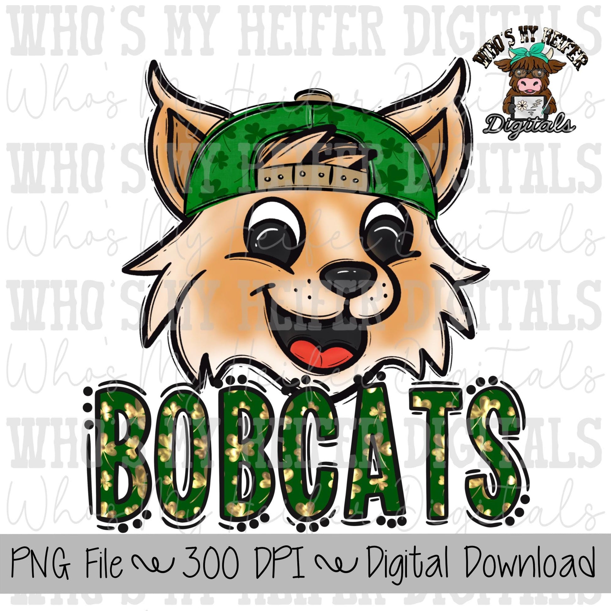 St. Patrick's Day Bobcats PNG Hand Drawn Bobcats with Hat Sublimation PNG Game Day Shirt Design School Spirit PNG Clover Bobcat Doodle Art