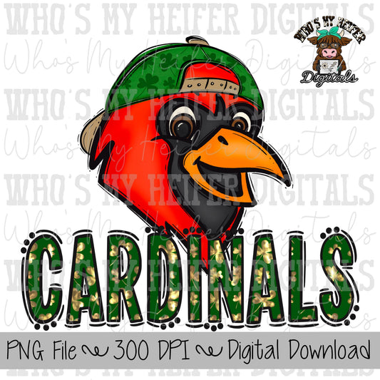 St. Patrick's Day Cardinal PNG Hand Drawn Cardinal with Hat Sublimation PNG Game Day Shirt Designs School Spirit PNG Cardinal Kid Mascot