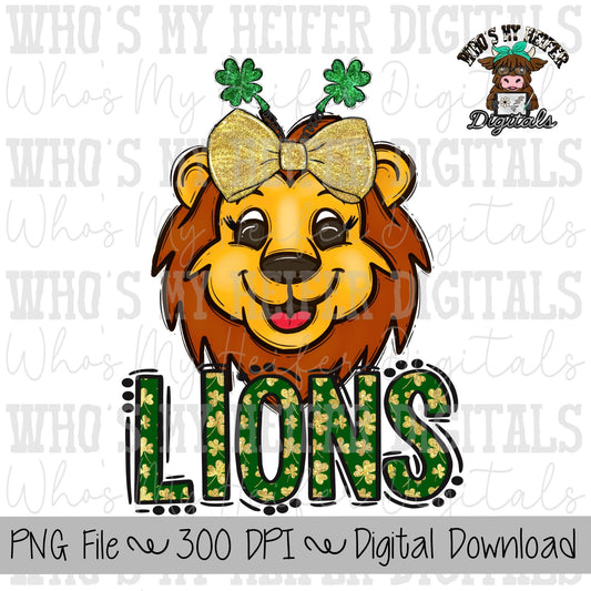 St. Patrick's Day Lions PNG Hand Drawn Lions with Bow Sublimation PNG Game Day Shirt Design School Spirit PNG Clover Lion Doodle Art