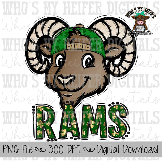 St. Patrick's Day Rams PNG Hand Drawn Ram with Hat Sublimation PNG Game Day Shirt Designs School Spirit PNG Clover Rams Doodle Art