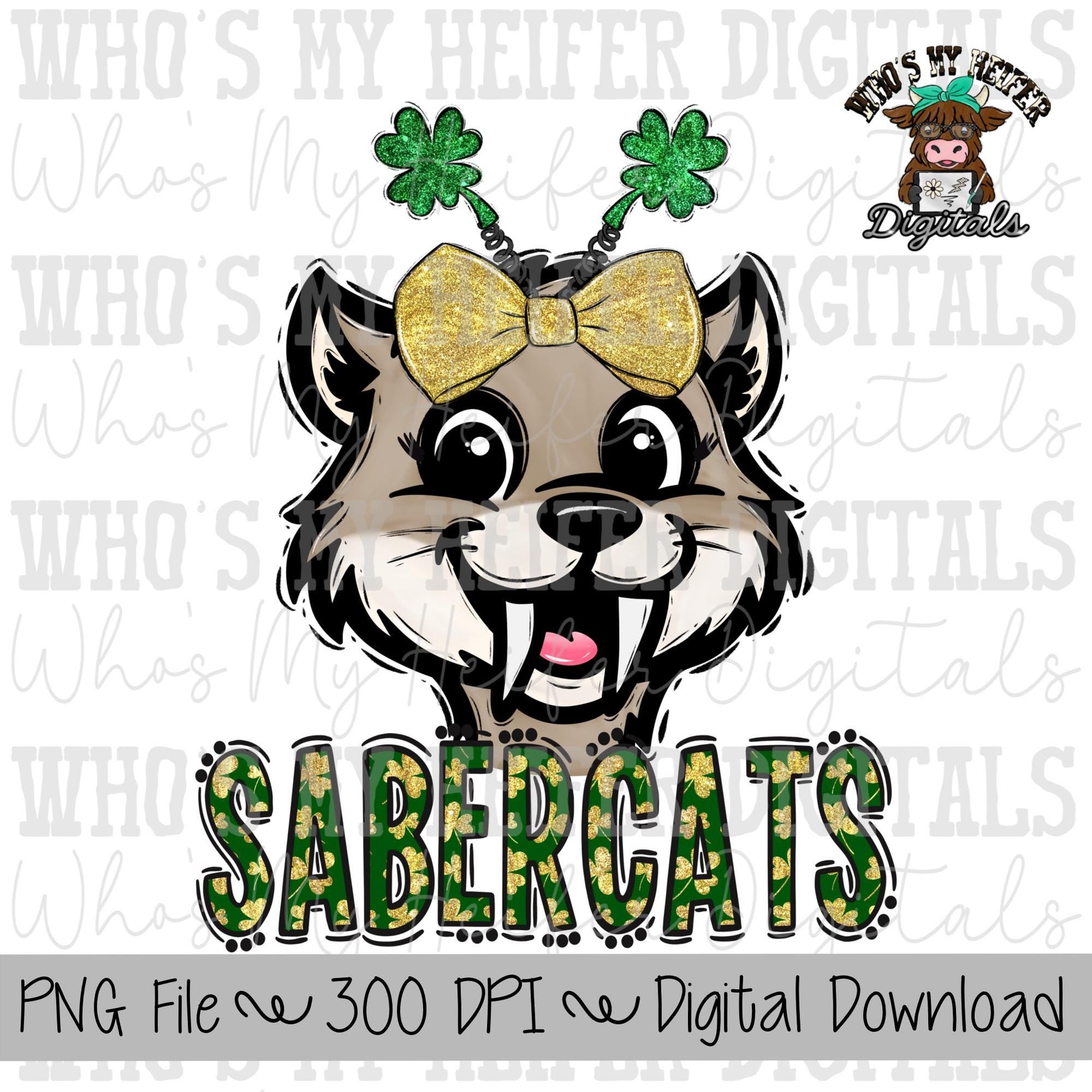 St. Patrick's Day Sabercat PNG Hand Drawn Sabercat with Bow Sublimation PNG Game Day Shirt Designs School Spirit PNG Sabercat Doodle Art