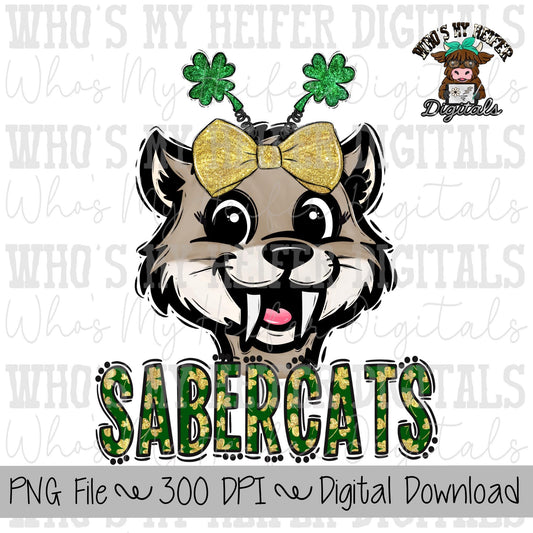 St. Patrick's Day Sabercat PNG Hand Drawn Sabercat with Bow Sublimation PNG Game Day Shirt Designs School Spirit PNG Sabercat Doodle Art