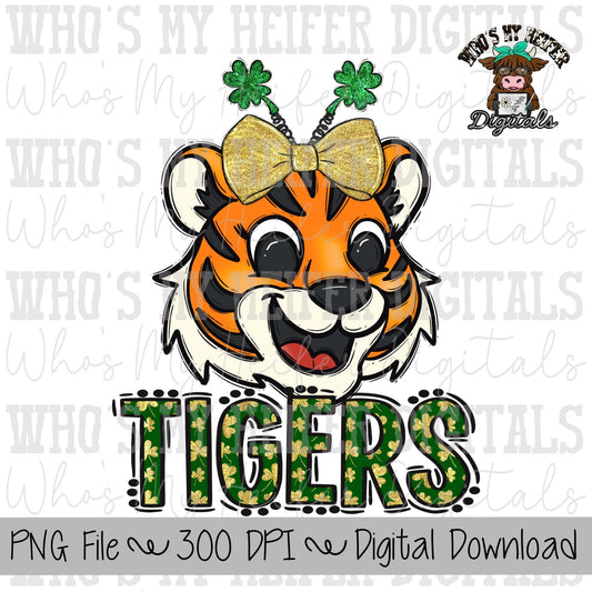 St Patrick's Day Tiger PNG Hand Drawn Tiger with Bow Sublimation PNG Game Day Shirt Designs School Spirit PNG Clover Tiger Digital Download