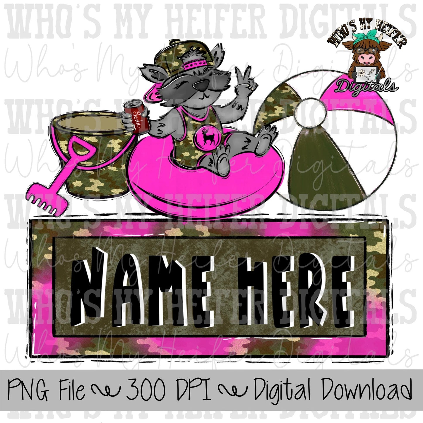 Beach Raccoon Name Block Sublimation PNG Hand Drawn Raccoon Floating, Ball & Sand Bucket PNG File Hunting Shirt Design Kids Camo Doodle Art
