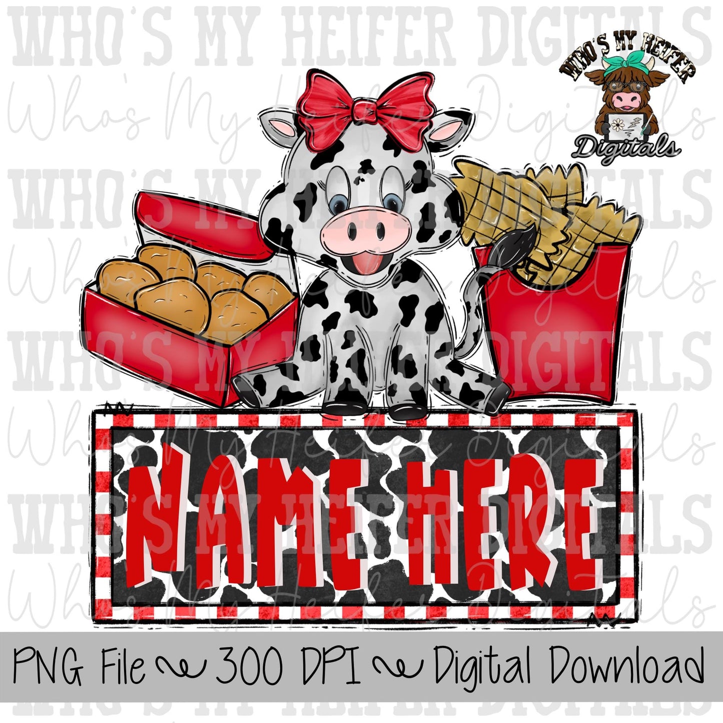 Chicken Nuggets & Cow with Name Block Sublimation PNG Hand Drawn Cow with Bow PNG Kids Shirt Design Cute Girl Cow Doodle Art Fast Food DTF
