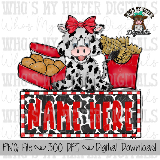 Chicken Nuggets & Cow with Name Block Sublimation PNG Hand Drawn Cow with Bow PNG Kids Shirt Design Cute Girl Cow Doodle Art Fast Food DTF