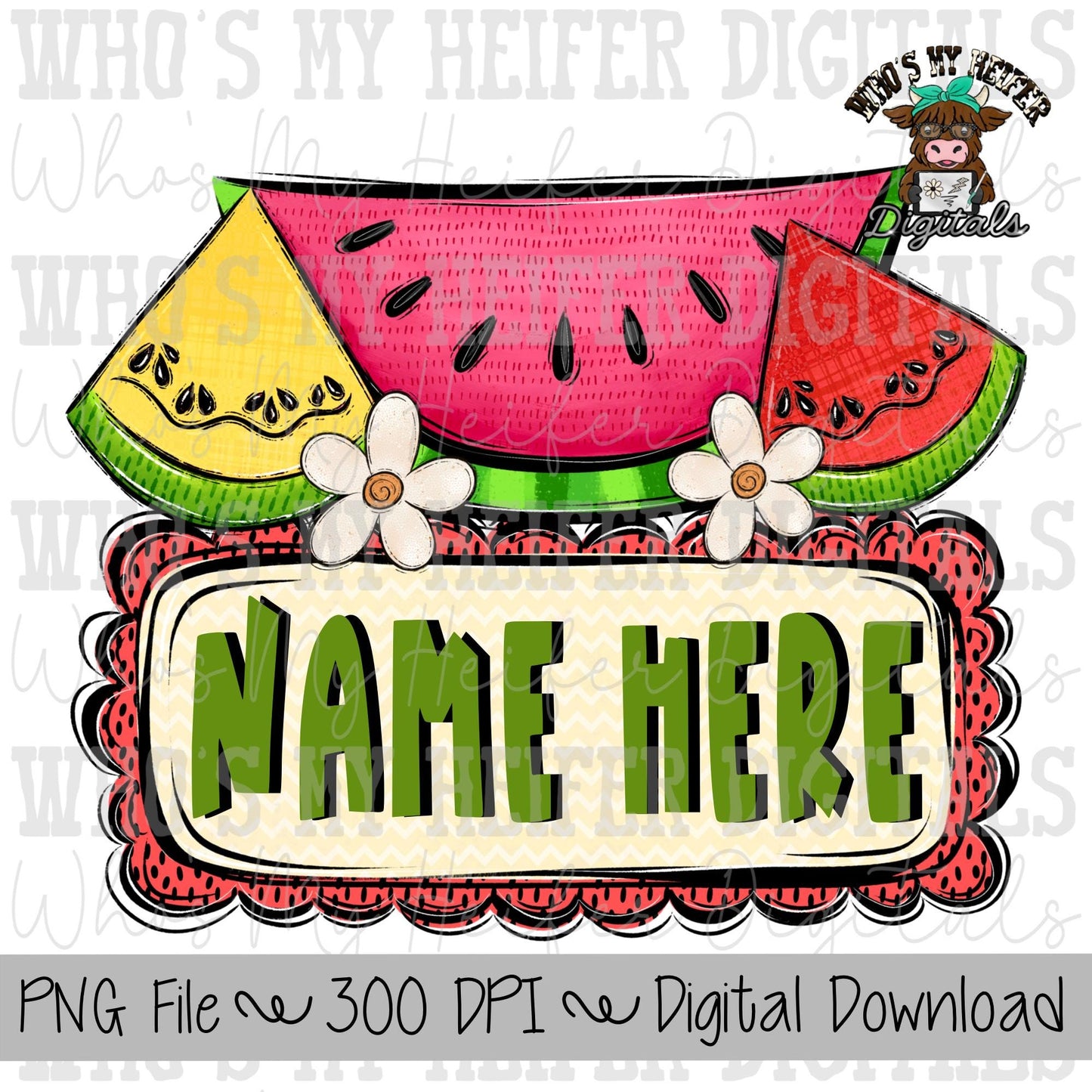 Whimsical Watermelon Trio with Name Block Sublimation PNG Hand Drawn Watermelons with Blossoms PNG Kids Shirt Design Summer Melon Doodle Art