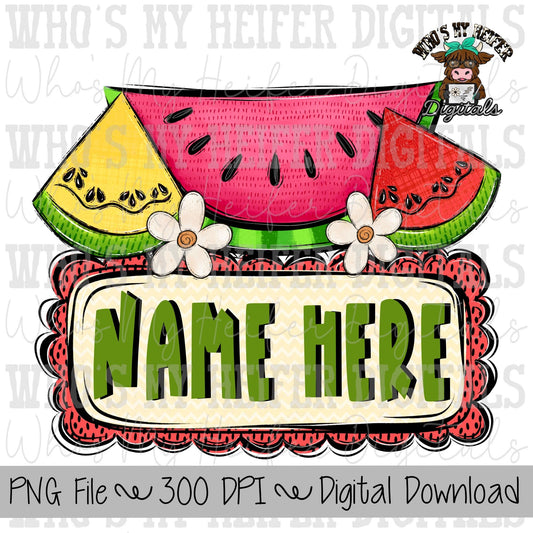 Whimsical Watermelon Trio with Name Block Sublimation PNG Hand Drawn Watermelons with Blossoms PNG Kids Shirt Design Summer Melon Doodle Art