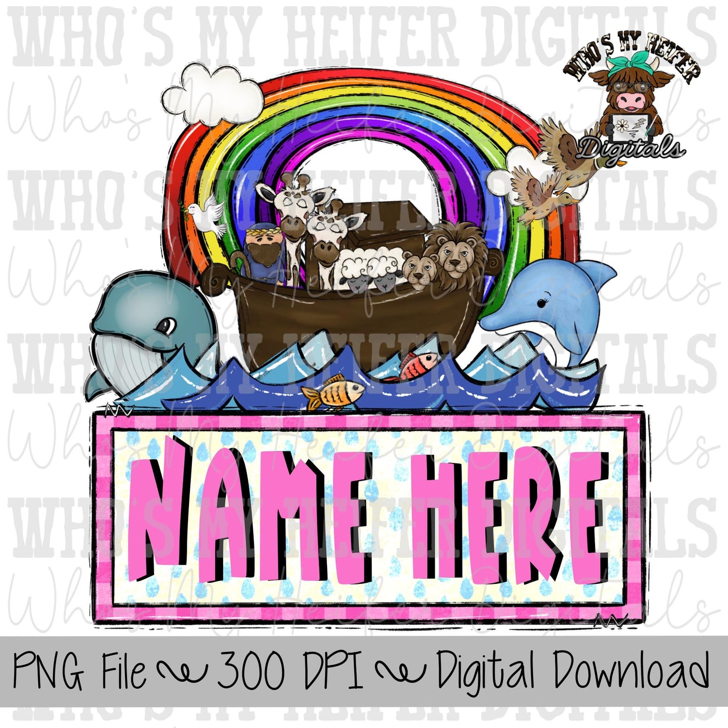 Noah's Ark with Name Patch Sublimation PNG Hand Drawn Ark with Animals PNG File Girl Christian Shirt Design Religious Kid Doodle Art