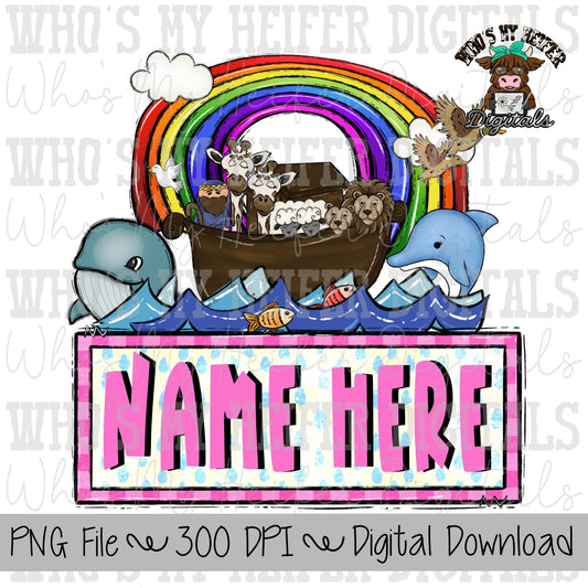 Noah's Ark with Name Patch Sublimation PNG Hand Drawn Ark with Animals PNG File Girl Christian Shirt Design Religious Kid Doodle Art
