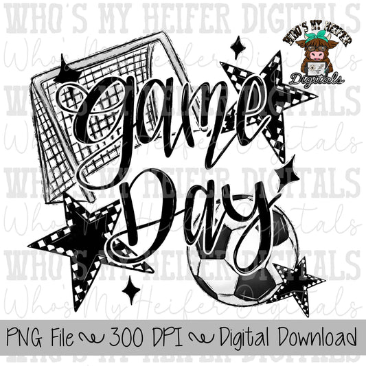 Game Day Soccer PNG Hand Drawn Soccer Ball & Net Sublimation PNG Retro Game Day Shirt Design Black Checkered Stars Clipart