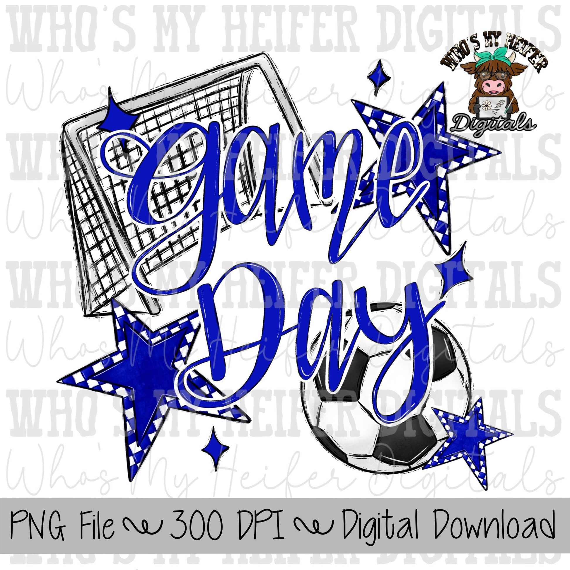 Game Day Soccer PNG Hand Drawn Soccer Ball & Net Sublimation PNG Retro Game Day Shirt Design Blue Checkered Stars Clipart