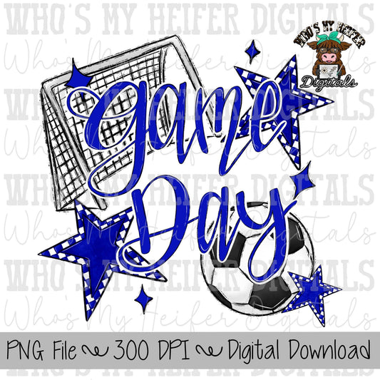 Game Day Soccer PNG Hand Drawn Soccer Ball & Net Sublimation PNG Retro Game Day Shirt Design Blue Checkered Stars Clipart