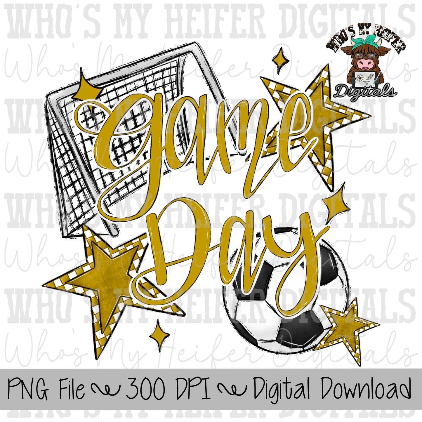 Game Day Soccer PNG Hand Drawn Soccer Ball & Net Sublimation PNG Retro Game Day Shirt Design Gold Checkered Stars Clipart