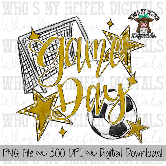Game Day Soccer PNG Hand Drawn Soccer Ball & Net Sublimation PNG Retro Game Day Shirt Design Gold Checkered Stars Clipart