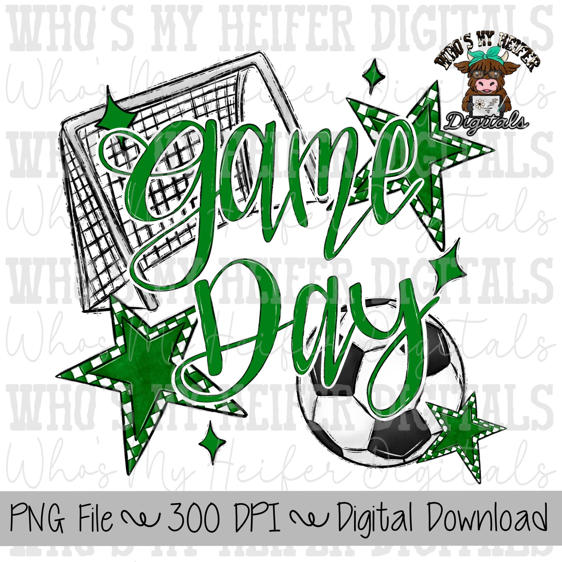 Game Day Soccer PNG Hand Drawn Soccer Ball & Net Sublimation PNG Retro Game Day Shirt Design Green Checkered Stars Clipart