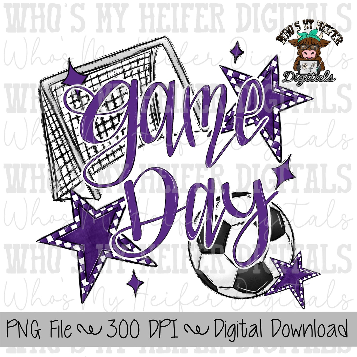 Game Day Soccer PNG Hand Drawn Soccer Ball & Net Sublimation PNG Retro Game Day Shirt Design Purple Checkered Stars Clipart