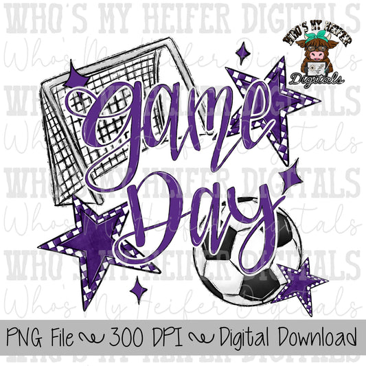 Game Day Soccer PNG Hand Drawn Soccer Ball & Net Sublimation PNG Retro Game Day Shirt Design Purple Checkered Stars Clipart