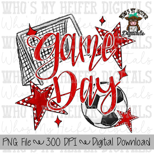 Game Day Soccer PNG Hand Drawn Soccer Ball & Net Sublimation PNG Retro Game Day Shirt Design Red Checkered Stars Clipart Trendy DTF