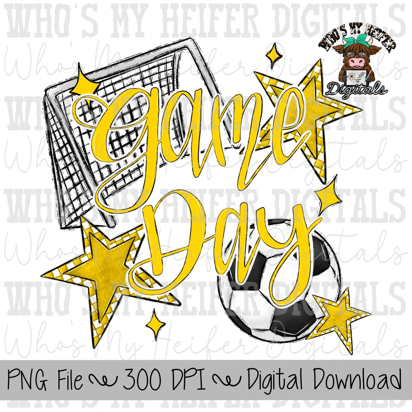 Game Day Soccer PNG Hand Drawn Soccer Ball & Net Sublimation PNG Retro Game Day Shirt Design Yellow Checkered Stars Clipart
