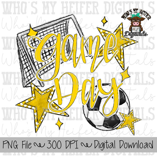 Game Day Soccer PNG Hand Drawn Soccer Ball & Net Sublimation PNG Retro Game Day Shirt Design Yellow Checkered Stars Clipart