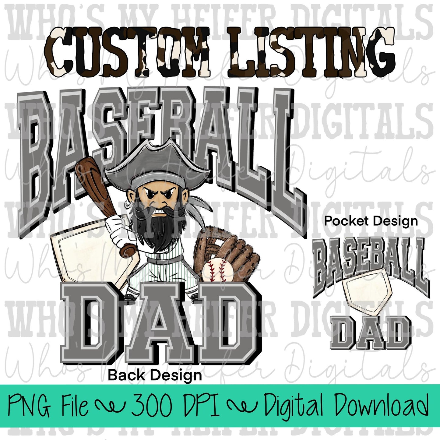 Custom Baseball Dad Mascot PNG Hand Drawn Batter with Home Plate & Glove Sublimation Design Sport Dad Shirt Design Custom Mascot Doodle Art