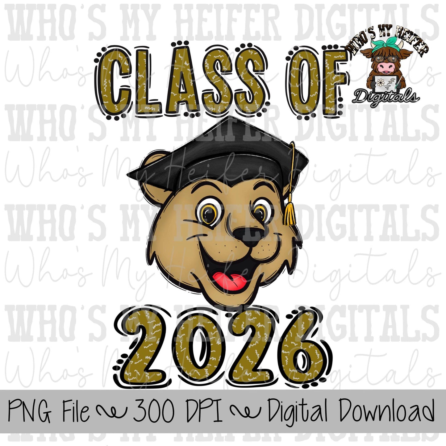 Graduate Cougar PNG Hand Drawn Cougar with Grad Cap & 2026 Sublimation PNG Game Day Shirt Design School Spirit Cougars Kids Mascot