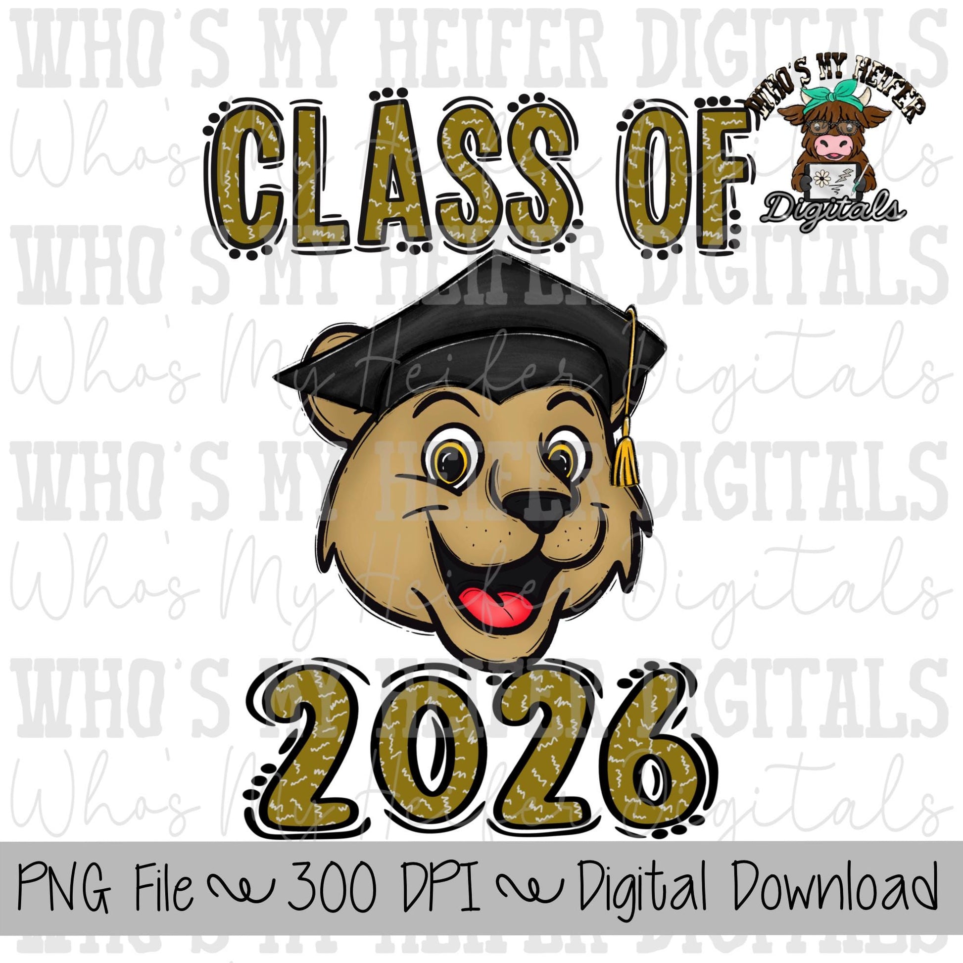 Graduate Cougar PNG Hand Drawn Cougar with Grad Cap & 2026 Sublimation PNG Game Day Shirt Design School Spirit Cougars Kids Mascot