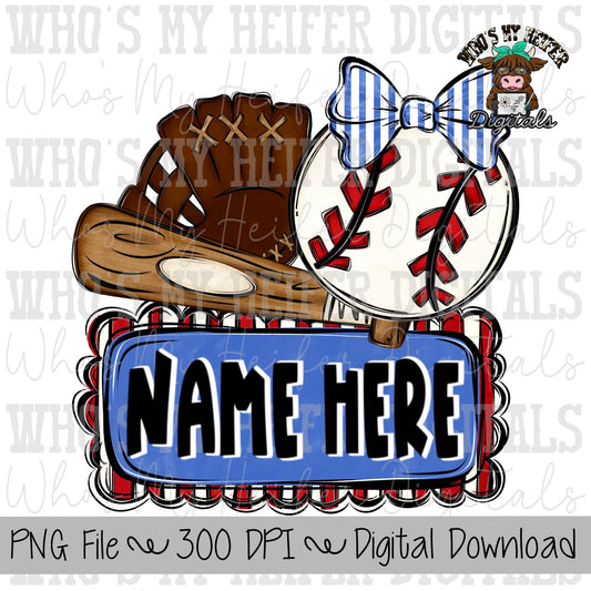 Girl Baseball Trio with Name Block Sublimation PNG Hand Drawn Baseball with Bow, Bat, & Glove PNG Kids Shirt Design Baseball Doodle Art