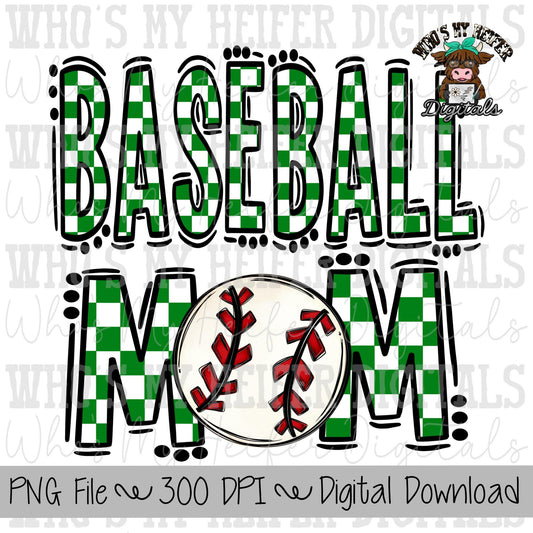 Green and White Baseball Mom PNG Hand Drawn Baseball Mom Sublimation Design Game Day Shirt Design Checkered T- Ball Mama Digital Download
