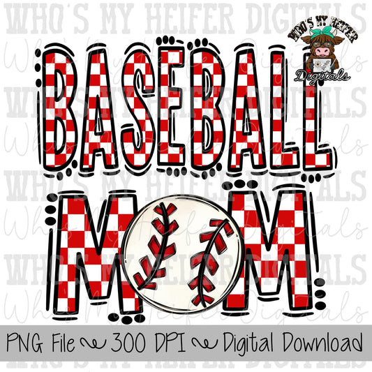 Red and White Baseball Mom PNG Hand Drawn Baseball Mom Sublimation Design Game Day Shirt Design Checkered T- Ball Mama Digital Download