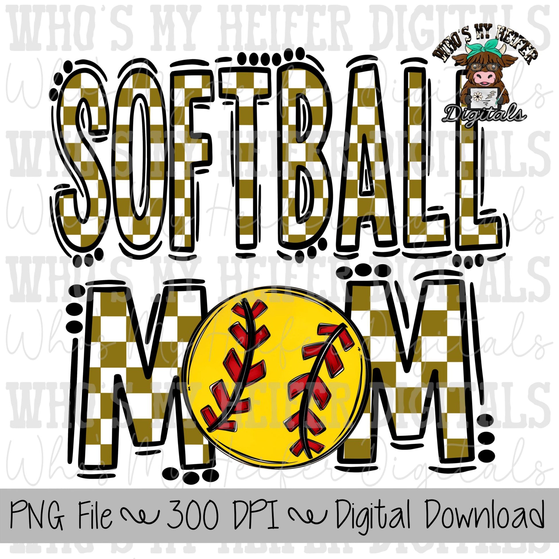 Gold and White Softball Mom PNG Hand Drawn Softball Mom Sublimation Design Game Day Shirt Design Checkered T- Ball Mama Digital Download
